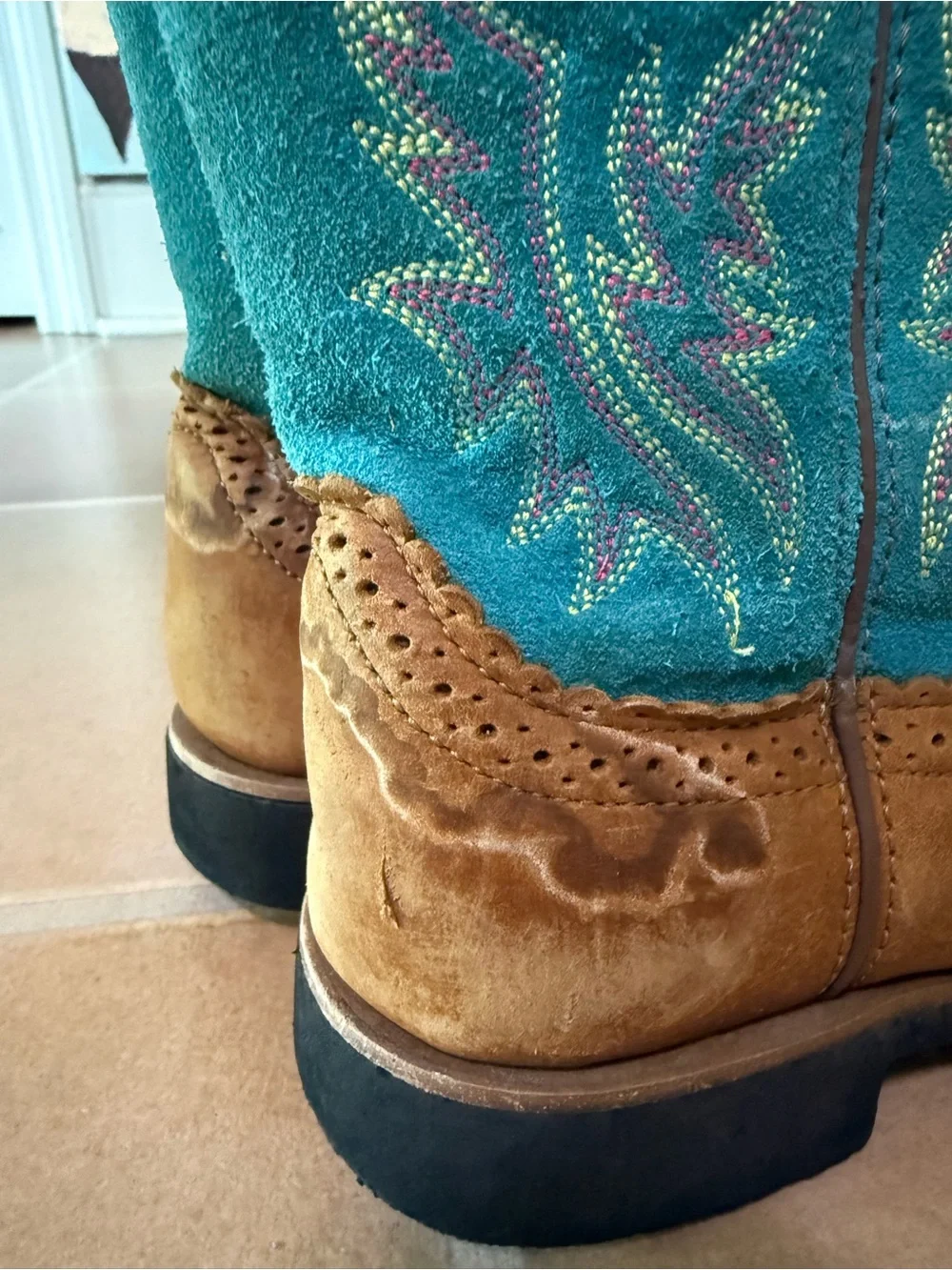 Arita Kids Western Pull-On Boots with Teal Shaft and Brown Leather 4.5